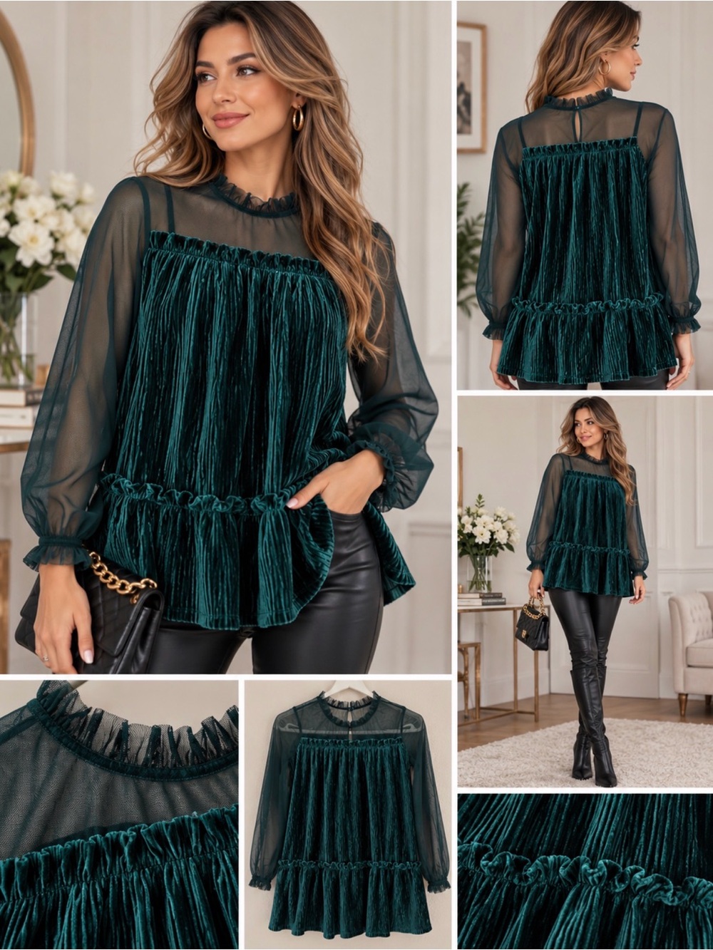 BCBGirls Dark Green Velvet Ruffle Sheer Blouse